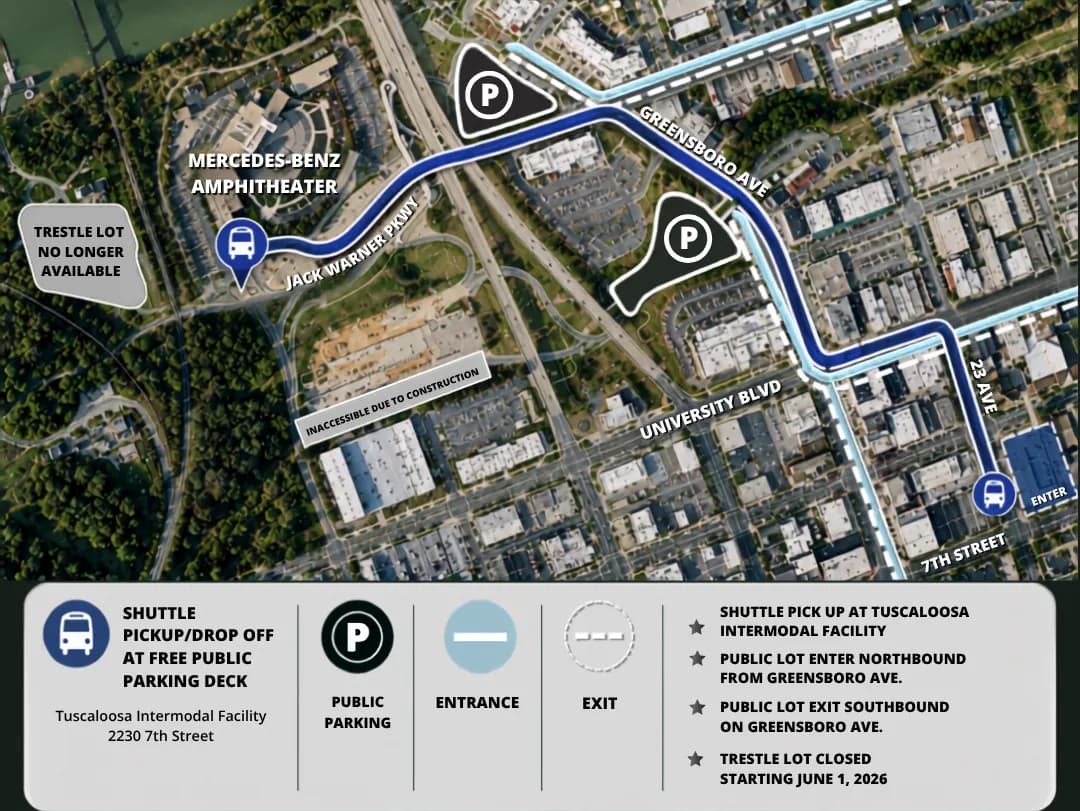 Parking map showing free shuttle pickup at the Tuscaloosa Intermodal Facility, the route to the Mercedes-Benz Amphitheater, public parking entrances and exits, and the closed Trestle Lot.